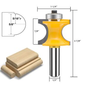 TAIWAIN 5PCS Router Bit Set 1/2 Inch Shank Woodworking Cutter, Half Round Bearing Bullnose Milling Cutter Bits, Carbide Tipped Round Edge Cutting Ball Blade Radius 1/8" 3/16" 1/4" 5/16" 3/8" (E-S04)