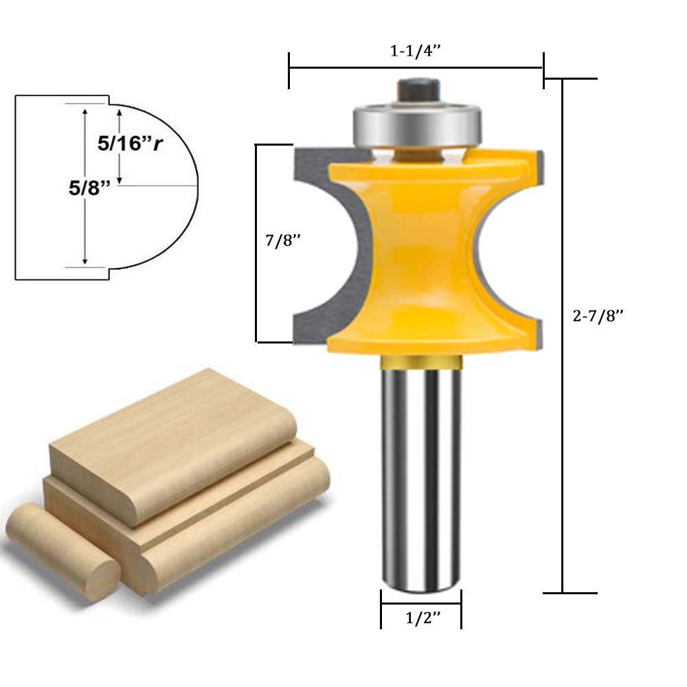 TAIWAIN 5PCS Router Bit Set 1/2 Inch Shank Woodworking Cutter, Half Round Bearing Bullnose Milling Cutter Bits, Carbide Tipped Round Edge Cutting Ball Blade Radius 1/8" 3/16" 1/4" 5/16" 3/8" (E-S04)