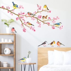 decowall ds-8039 cherry blossom & garden birds kids wall stickers wall decals peel and stick removable wall stickers for kids nursery bedroom living room (small) d?cor