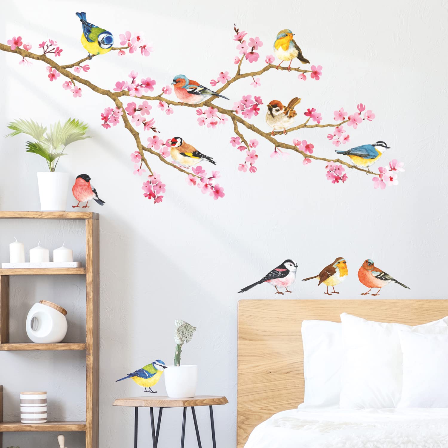 DECOWALL DS-8039 Cherry Blossom & Garden Birds Kids Wall Stickers Wall Decals Peel and Stick Removable Wall Stickers for Kids Nursery Bedroom Living Room (Small) d?cor