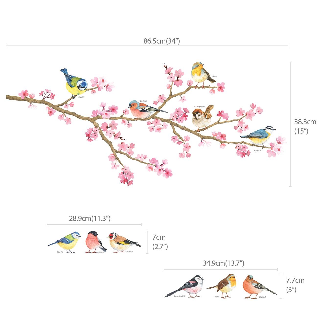 DECOWALL DS-8039 Cherry Blossom & Garden Birds Kids Wall Stickers Wall Decals Peel and Stick Removable Wall Stickers for Kids Nursery Bedroom Living Room (Small) d?cor