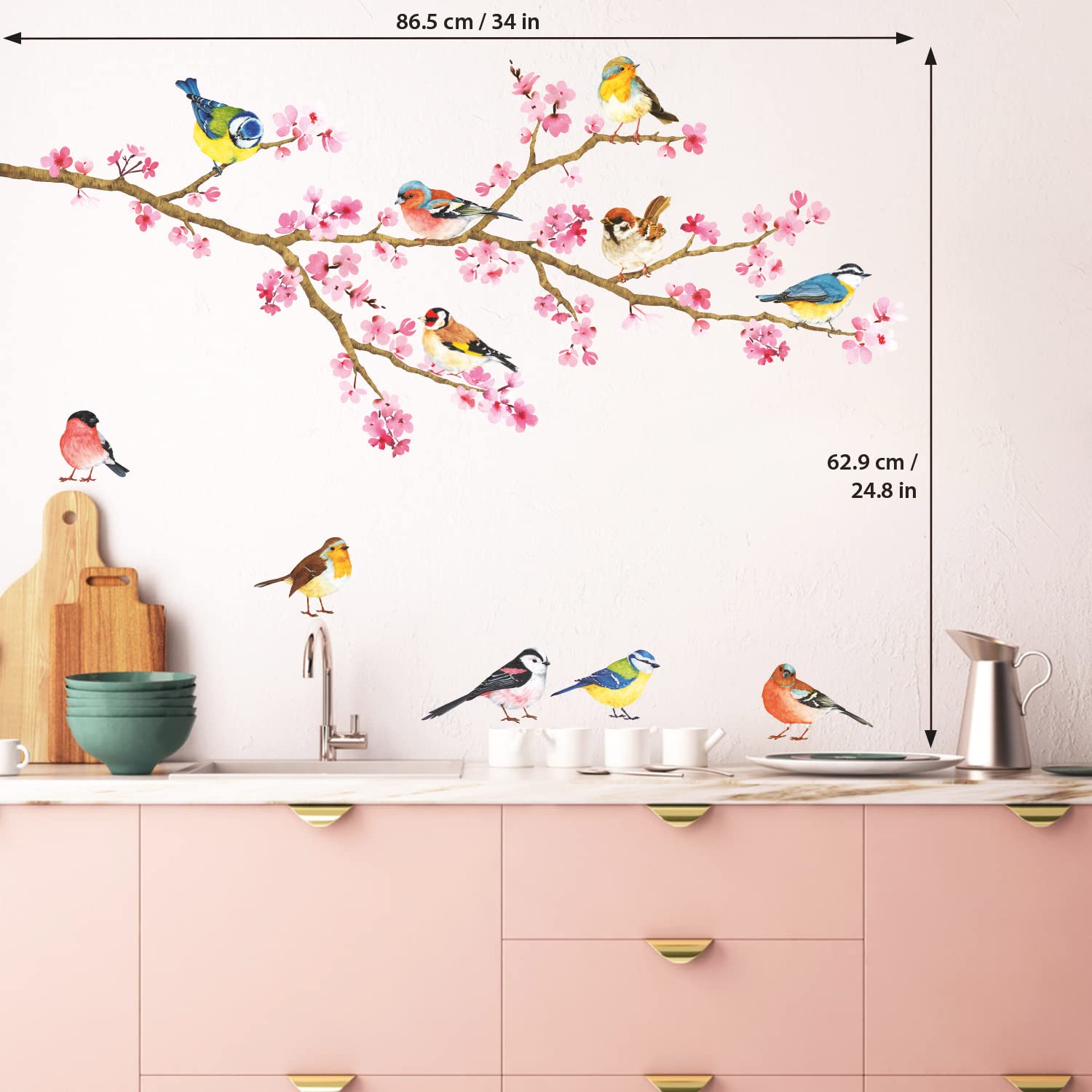 DECOWALL DS-8039 Cherry Blossom & Garden Birds Kids Wall Stickers Wall Decals Peel and Stick Removable Wall Stickers for Kids Nursery Bedroom Living Room (Small) d?cor