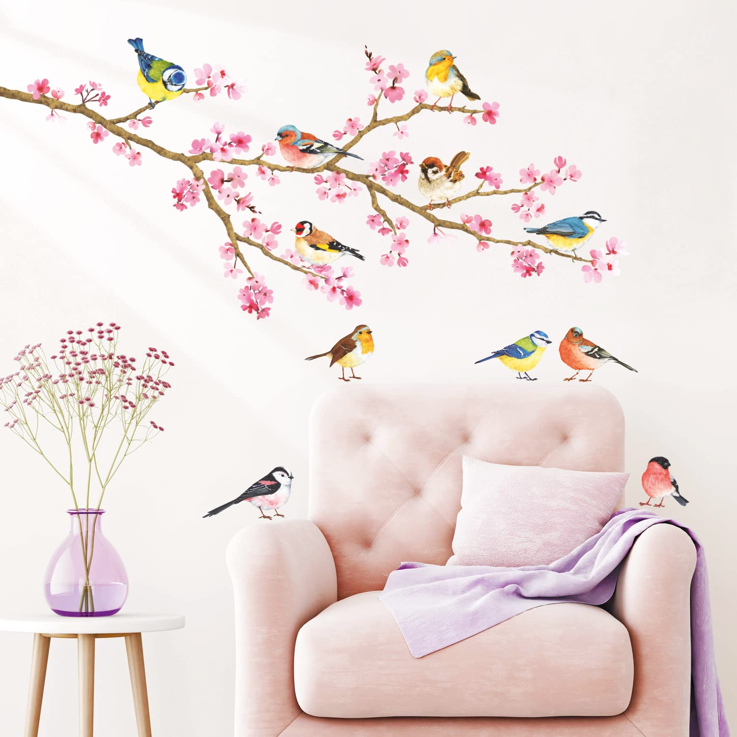 DECOWALL DS-8039 Cherry Blossom & Garden Birds Kids Wall Stickers Wall Decals Peel and Stick Removable Wall Stickers for Kids Nursery Bedroom Living Room (Small) d?cor