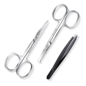 facial hair small grooming scissors for men women-curved and rounded nose hair, eyebrow, mustache, eyelashes, beard trimming scissors kit-safety blunt tip baby nail scissors with eyebrow tweezers set
