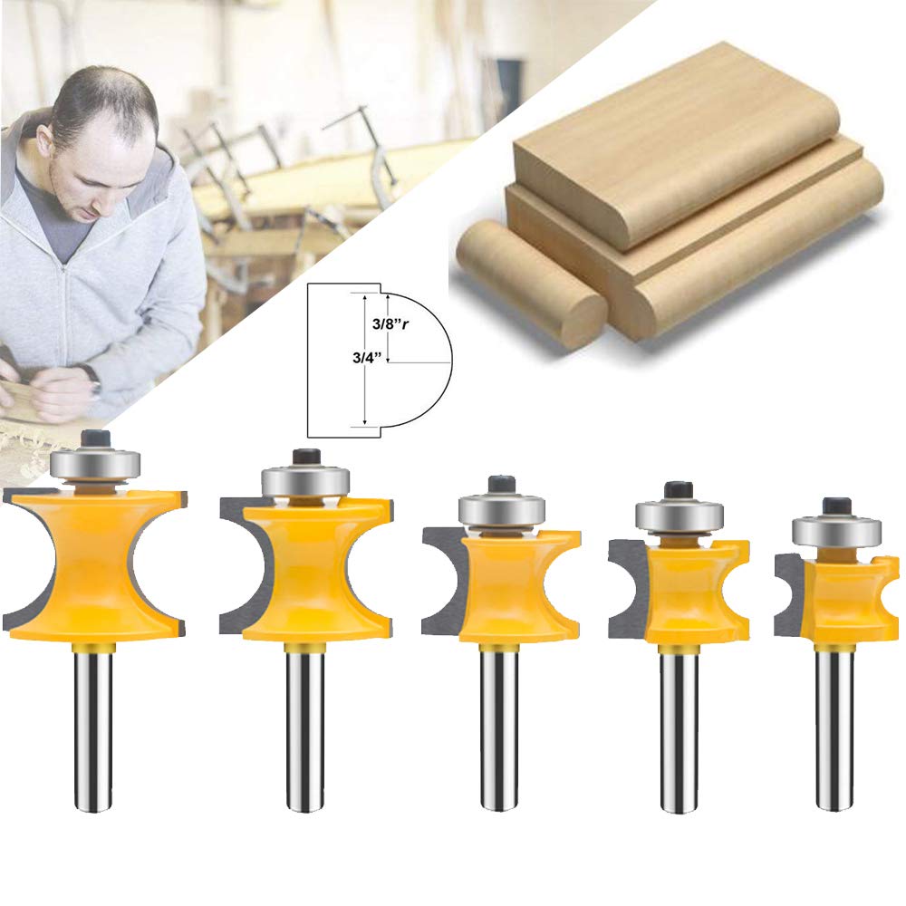 TAIWAIN 5PCS Router Bit Set Woodworking Cutter 1/4 Inch Shank, Half Round Bearing Bullnose Milling Cutter Bits, Carbide Tipped Round Edge Cutting Ball Blade Radius 1/8" 3/16" 1/4" 5/16" 3/8"