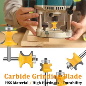 TAIWAIN 5PCS Router Bit Set Woodworking Cutter 1/4 Inch Shank, Half Round Bearing Bullnose Milling Cutter Bits, Carbide Tipped Round Edge Cutting Ball Blade Radius 1/8" 3/16" 1/4" 5/16" 3/8"