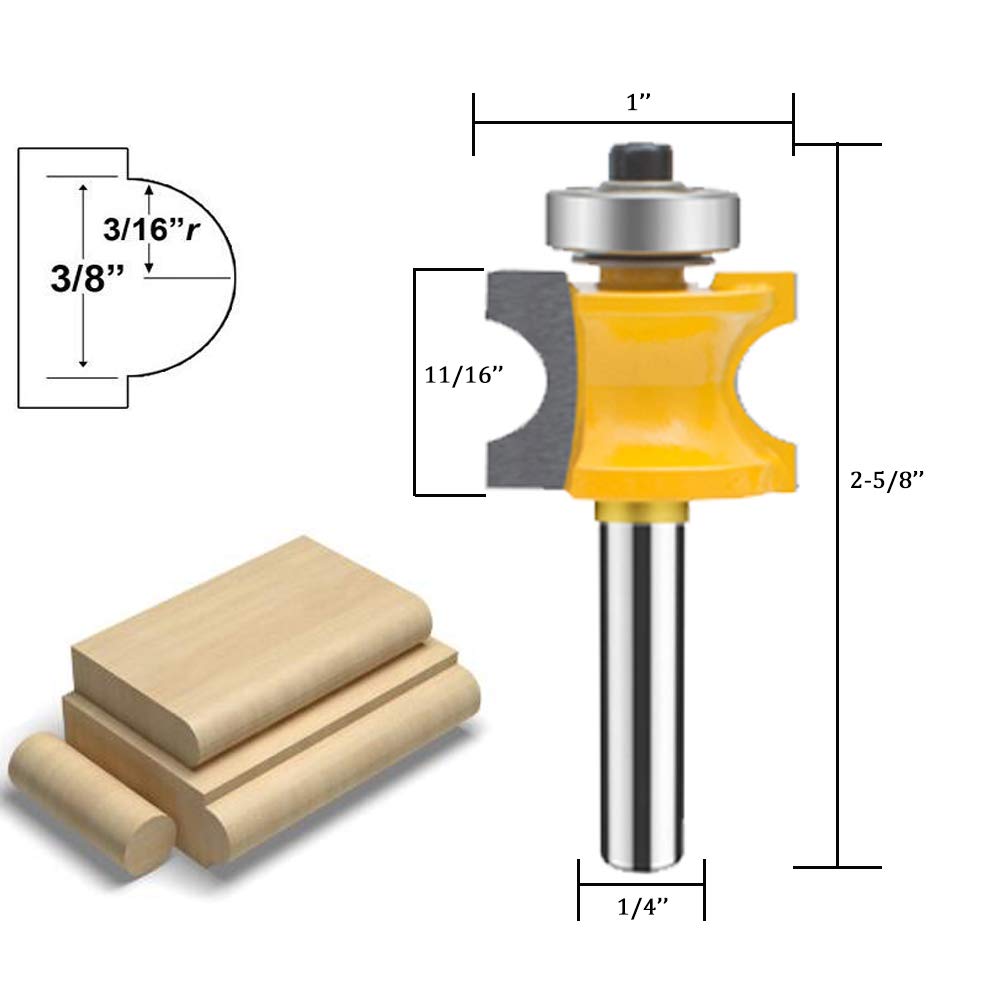 TAIWAIN 5PCS Router Bit Set Woodworking Cutter 1/4 Inch Shank, Half Round Bearing Bullnose Milling Cutter Bits, Carbide Tipped Round Edge Cutting Ball Blade Radius 1/8" 3/16" 1/4" 5/16" 3/8"