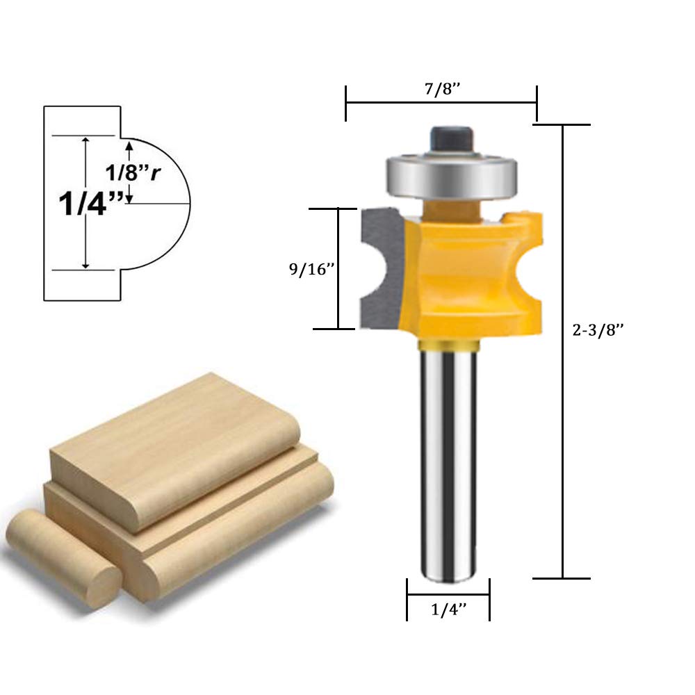 TAIWAIN 5PCS Router Bit Set Woodworking Cutter 1/4 Inch Shank, Half Round Bearing Bullnose Milling Cutter Bits, Carbide Tipped Round Edge Cutting Ball Blade Radius 1/8" 3/16" 1/4" 5/16" 3/8"