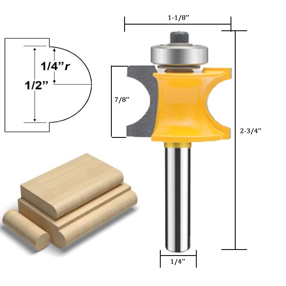 TAIWAIN 5PCS Router Bit Set Woodworking Cutter 1/4 Inch Shank, Half Round Bearing Bullnose Milling Cutter Bits, Carbide Tipped Round Edge Cutting Ball Blade Radius 1/8" 3/16" 1/4" 5/16" 3/8"