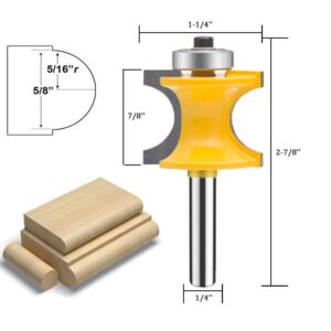 TAIWAIN 5PCS Router Bit Set Woodworking Cutter 1/4 Inch Shank, Half Round Bearing Bullnose Milling Cutter Bits, Carbide Tipped Round Edge Cutting Ball Blade Radius 1/8" 3/16" 1/4" 5/16" 3/8"