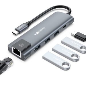 vemont usb c hub,5 in1 usb-c hub, type-c multiport adapter with gigabit ethernet, 3 usb 3.0 hub for data, 100w power delivery, usb c hub for laptop macbook/ipad, and other usb c devices