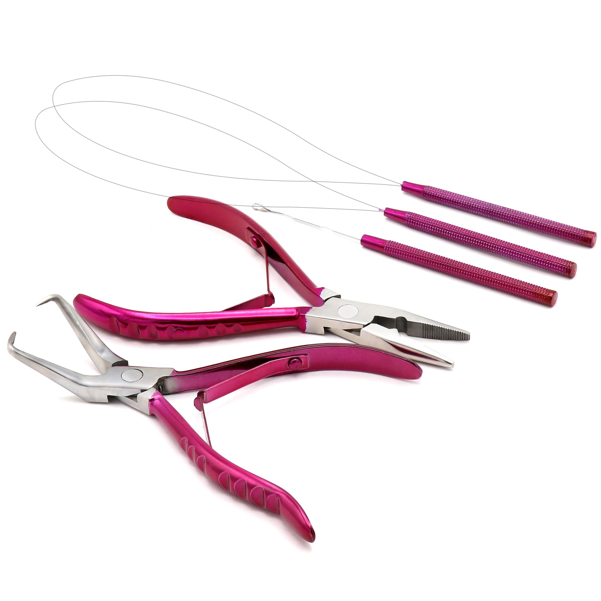 Professional Hair Extension & Beading Tool Kit Remove Plier Set for beads (4 Piece) I-Link Micro Ring Loop Needle Pulling Hook Threader Wire for Silicone Rings (Shocking Pink)