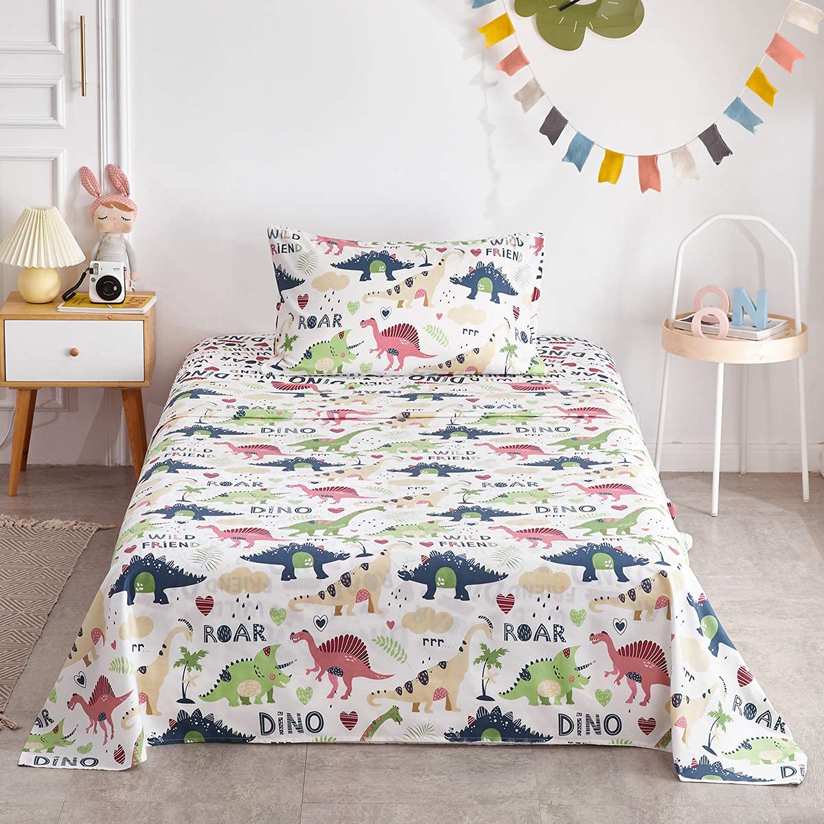 Dinosaur Twin Sheet Set for Kids Boys Teens Cute 3 Pieces White Microfiber Bedding Set with Green Red Yellow Blue Dinosaur Colorful Monster Style