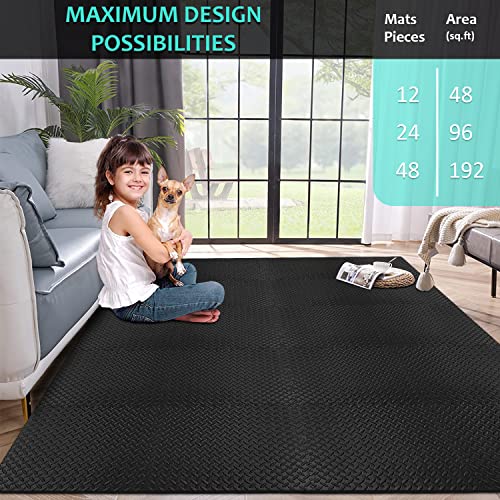 12-Tile Interlocking Puzzle Exercise Mat, 24'' x 24'' EVA Foam Flooring for Gym Equipment, Black