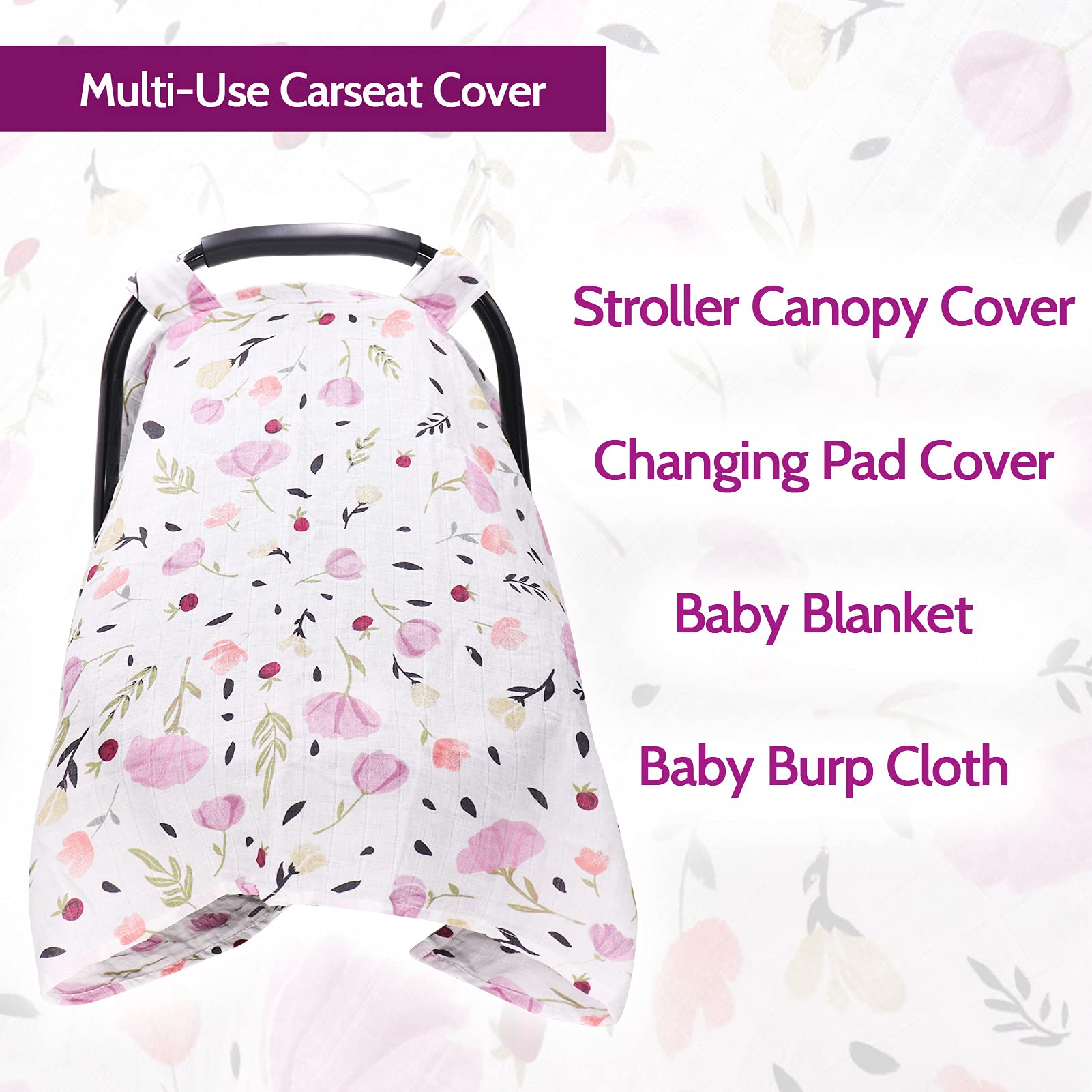 Muslin Baby Car Seat Cover for Boys Girls, Infant Car Seat Canopy, Summer Car Seat Tent Lightweight Breathable, Pink Flower