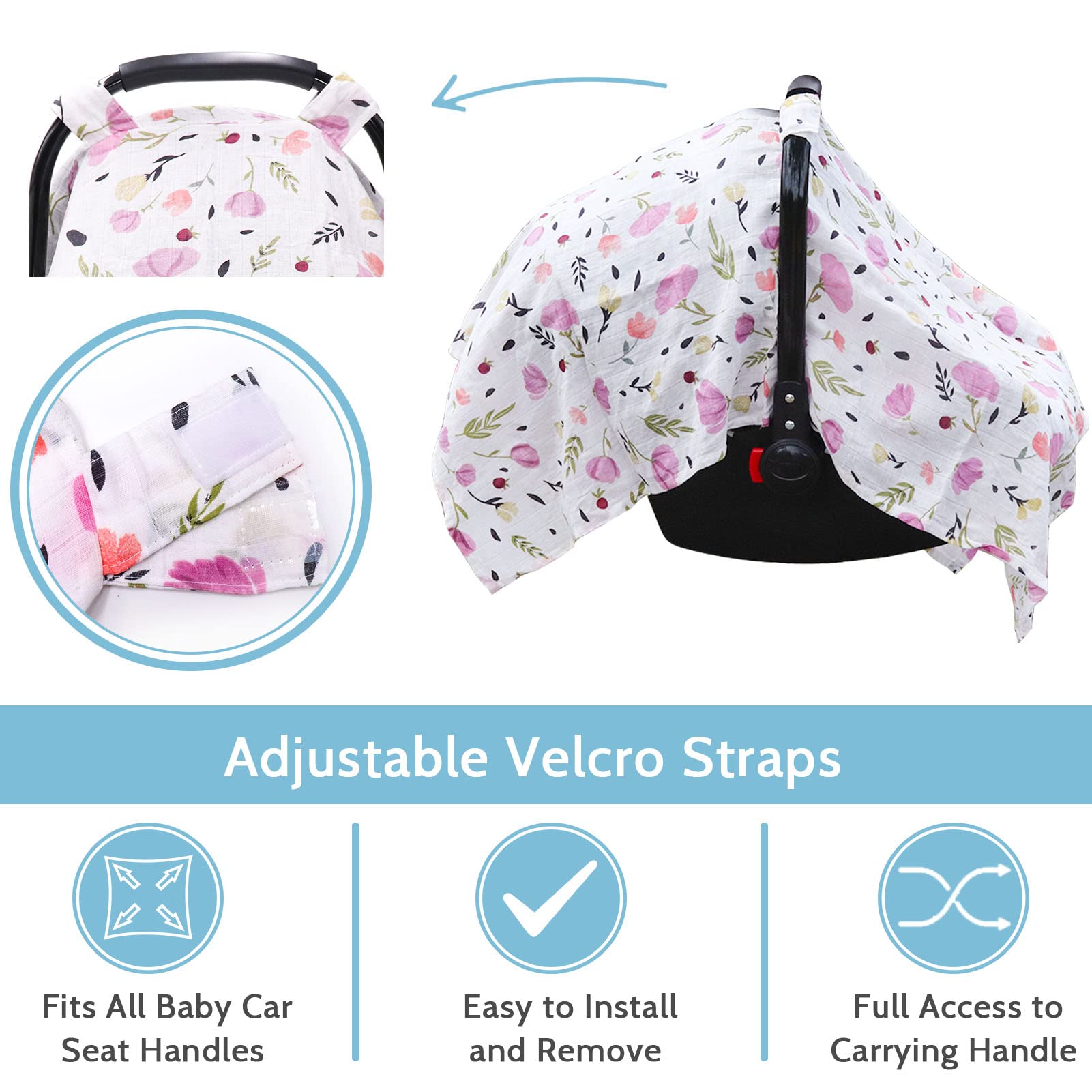 Muslin Baby Car Seat Cover for Boys Girls, Infant Car Seat Canopy, Summer Car Seat Tent Lightweight Breathable, Pink Flower