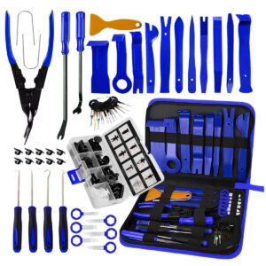 byniiur trim removal tool,auto push pin bumper retainer clip set fastener terminal remover tool adhesive cable clips pry kit car panel radio removal auto clip pliers, blue