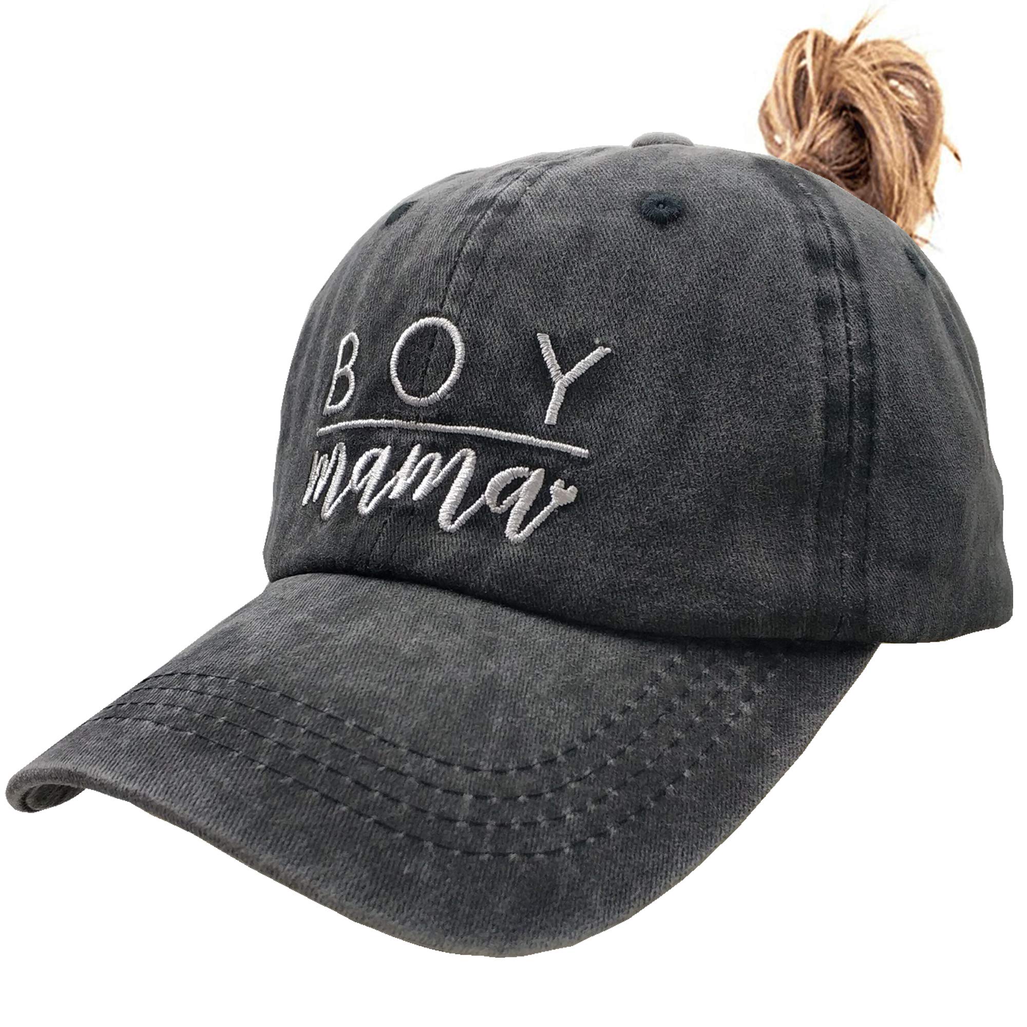 Waldeal Women's Baseball Cap Boy Mama Mom Vintage Distressed Dad Hat, Black Ponytail, One Size