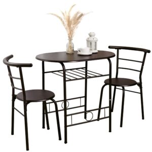 bonzy home 3-piece dining table set, wooden round table & chair set for kitchen, dining room, outdoor bar, compact space/steel frame, built-in wine rack