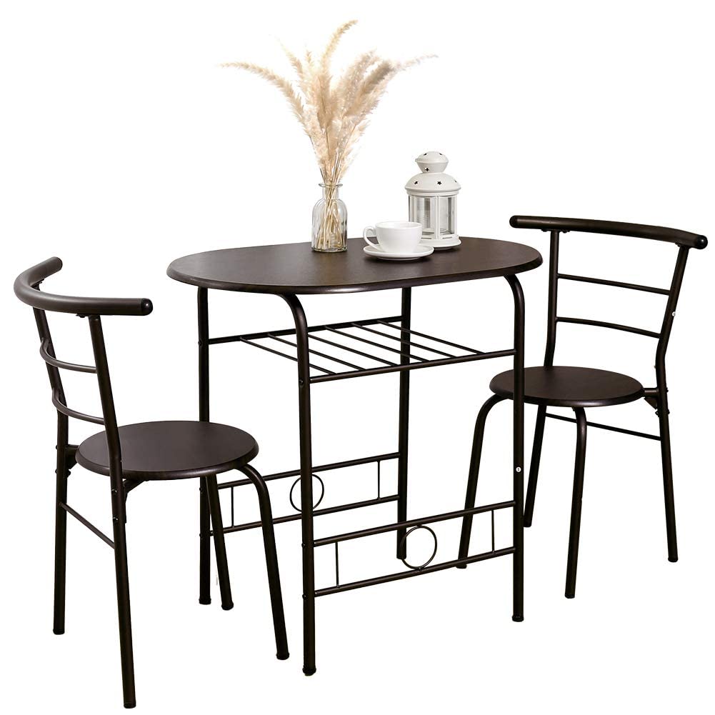 Bonzy Home 3-Piece Dining Table Set, Wooden Round Table & Chair Set for Kitchen, Dining Room, Outdoor bar, Compact Space/Steel Frame, Built-in Wine Rack