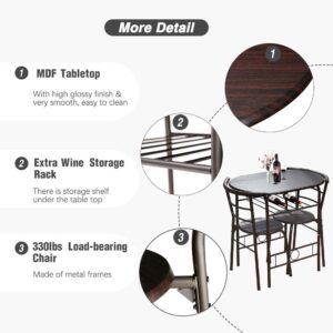 Bonzy Home 3-Piece Dining Table Set, Wooden Round Table & Chair Set for Kitchen, Dining Room, Outdoor bar, Compact Space/Steel Frame, Built-in Wine Rack