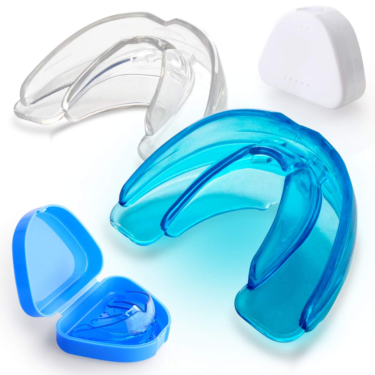 Vanmor 2 Pack Youth Mouth Guard Sports Mouthguard for Kids Teeth Braces for Football Basketball Boxing MMA Hockey Lacrosse Rugby Taekwondo, Moldable Mouthpiece for Boys Girls (Transparent+Blue)