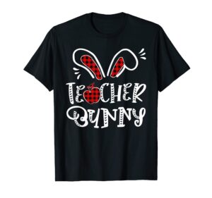 teacher bunny apple bunny ears buffalo plaid easter t-shirt