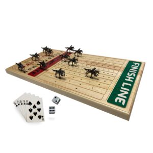 fineni horse racing board game with luxurious durable metal horses, 11 pieces, black, real pine wood horseracing game board, dice and cards
