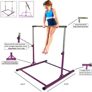 Athletic Bar Gymnastics Kip Bar Horizontal Bar Professional Junior Gymnastic Training High Bar Asymmetric Bar 13 Level Height Adjustable Expandable 3 to 5 FT Indoor Outdoor Use (Purple)