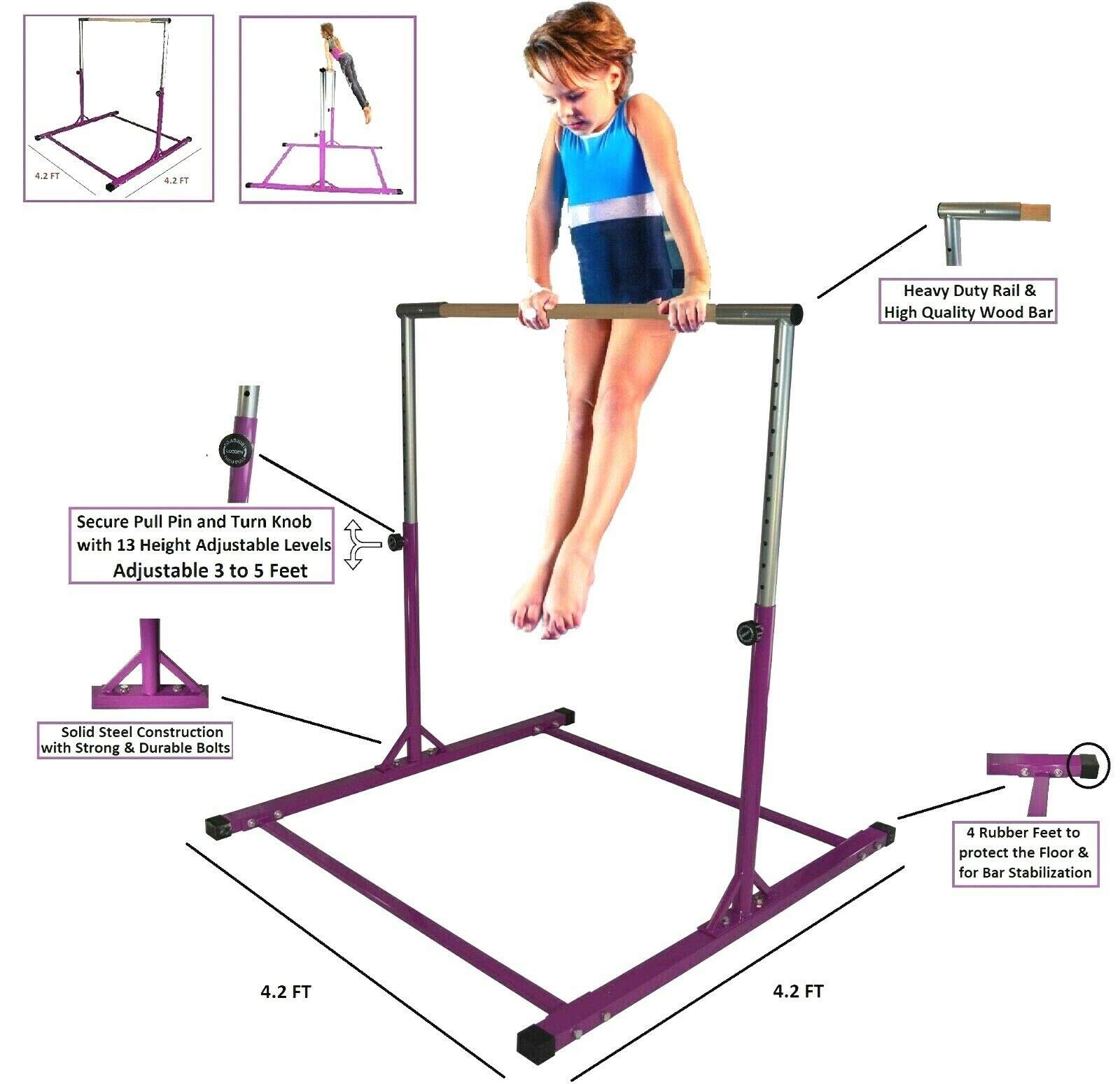 Athletic Bar Gymnastics Kip Bar Horizontal Bar Professional Junior Gymnastic Training High Bar Asymmetric Bar 13 Level Height Adjustable Expandable 3 to 5 FT Indoor Outdoor Use (Purple)