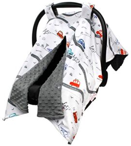 baby car seat canopy cover - road trip with grey minky dot