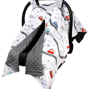 Baby Car Seat Canopy Cover - Road Trip with Grey Minky Dot