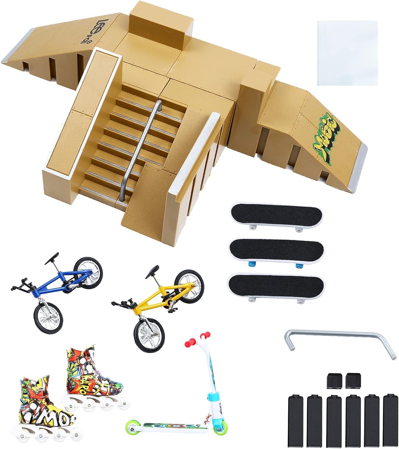 ideallife Skate Park Kit, Bigger Skate Park Kit Ramp Parts for Finger Skateboard Fingerboard Ramp Skate Park Kit Part Training Props with 3 Finger Decks 2 Finger Bike A Pair Skates Scooters