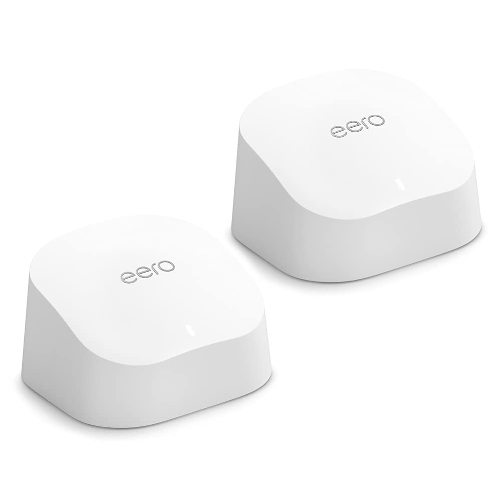 Amazon eero 6 mesh Wi-Fi system | Supports speeds up to 500 mbps | Connect to Alexa | Coverage up to 3,000 sq. ft. | 2-pack, one router + one extender, 2020 release