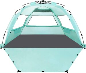 whitefang deluxe xl pop up beach tent sun shade shelter for 3-4 person, uv protection, extendable floor with 3 ventilating windows plus carrying bag, stakes, and guy lines (mint green)