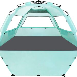 WhiteFang Deluxe XL Pop Up Beach Tent Sun Shade Shelter for 3-4 Person, UV Protection, Extendable Floor with 3 Ventilating Windows Plus Carrying Bag, Stakes, and Guy Lines (Mint Green)