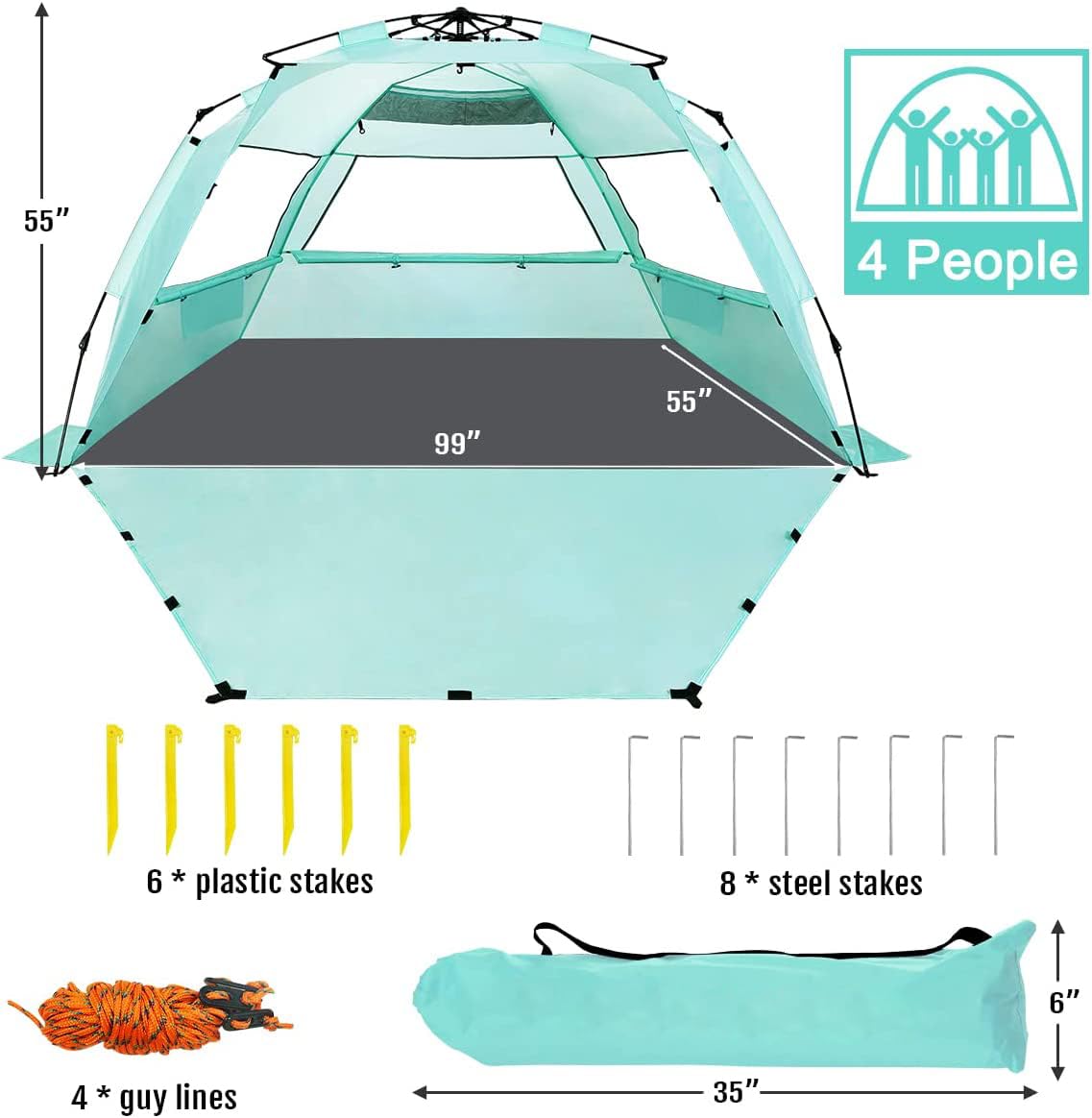 WhiteFang Deluxe XL Pop Up Beach Tent Sun Shade Shelter for 3-4 Person, UV Protection, Extendable Floor with 3 Ventilating Windows Plus Carrying Bag, Stakes, and Guy Lines (Mint Green)