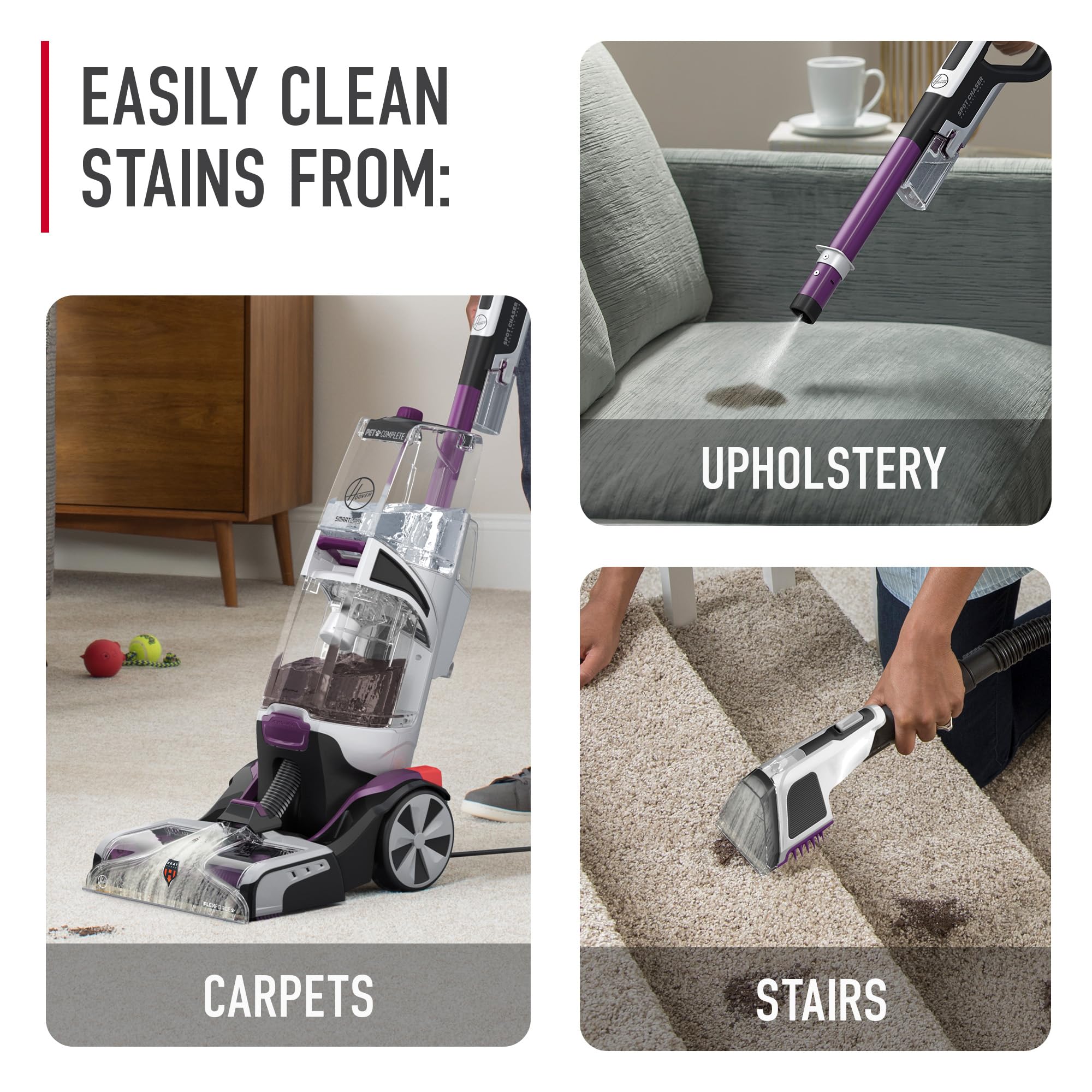 Hoover SmartWash Pet Automatic Carpet Cleaner Machine with Spot Chaser Wand, Deep Cleaning Shampooer, Carpet Deodorizer and Pet Stain Remover, FH53000PC, Purple