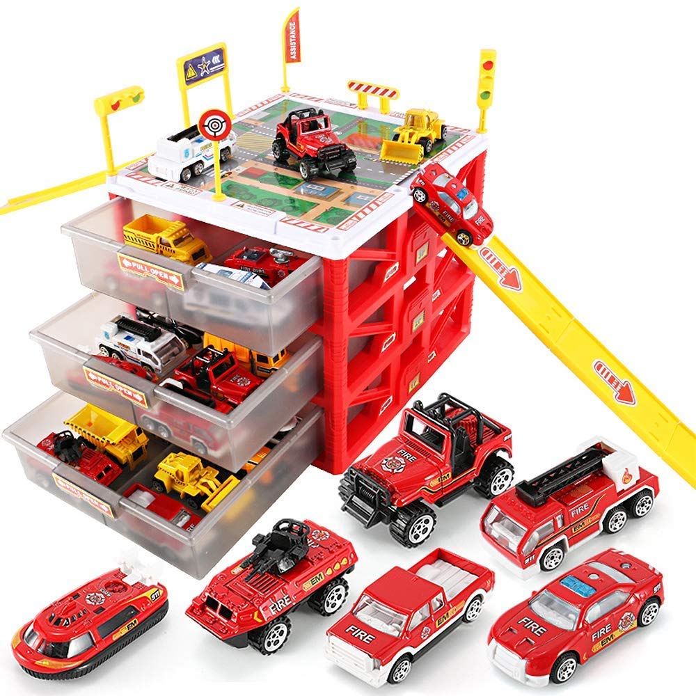 WISHTIME Parking Lot Car Garage Playset Matchbox Cars playsets,Vehicle Toy Fire Car Storage Box Toys Set Educational Gift with 6 Fire Trucks, Ramps, Traffic Signs for Kids