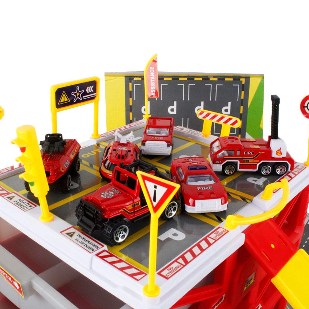 WISHTIME Parking Lot Car Garage Playset Matchbox Cars playsets,Vehicle Toy Fire Car Storage Box Toys Set Educational Gift with 6 Fire Trucks, Ramps, Traffic Signs for Kids