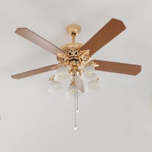 52 inch gold ceiling fan with led light and remote control,creative design chandelier fan light with 5 wood reversible blades 5 frosted glass lampshades,quiet motor