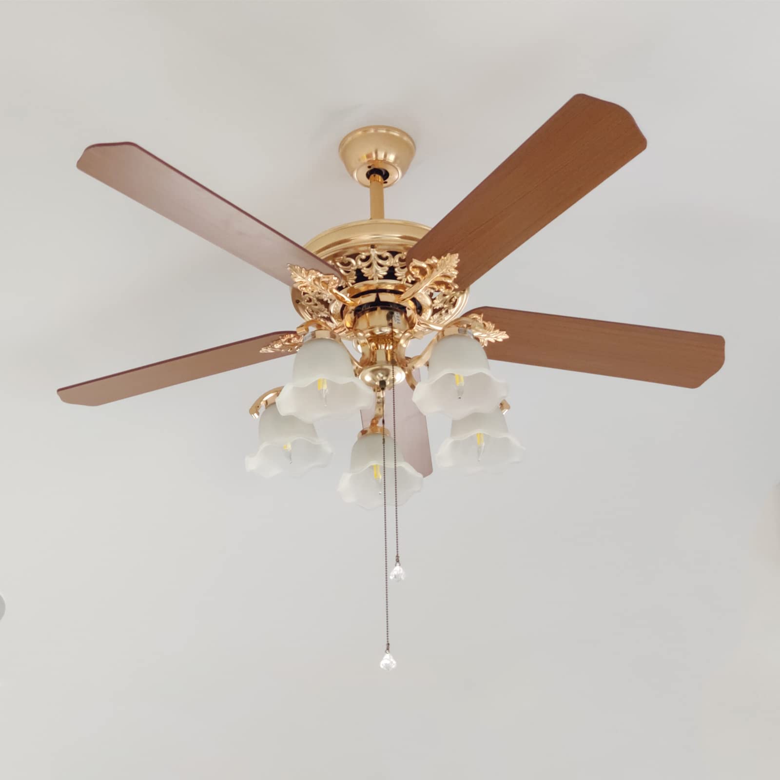 52 Inch Gold Ceiling Fan with LED Light and Remote Control,Creative Design Chandelier Fan Light with 5 Wood Reversible Blades 5 Frosted Glass Lampshades,Quiet Motor