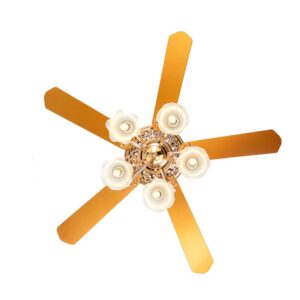 52 Inch Gold Ceiling Fan with LED Light and Remote Control,Creative Design Chandelier Fan Light with 5 Wood Reversible Blades 5 Frosted Glass Lampshades,Quiet Motor