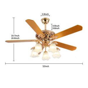 52 Inch Gold Ceiling Fan with LED Light and Remote Control,Creative Design Chandelier Fan Light with 5 Wood Reversible Blades 5 Frosted Glass Lampshades,Quiet Motor