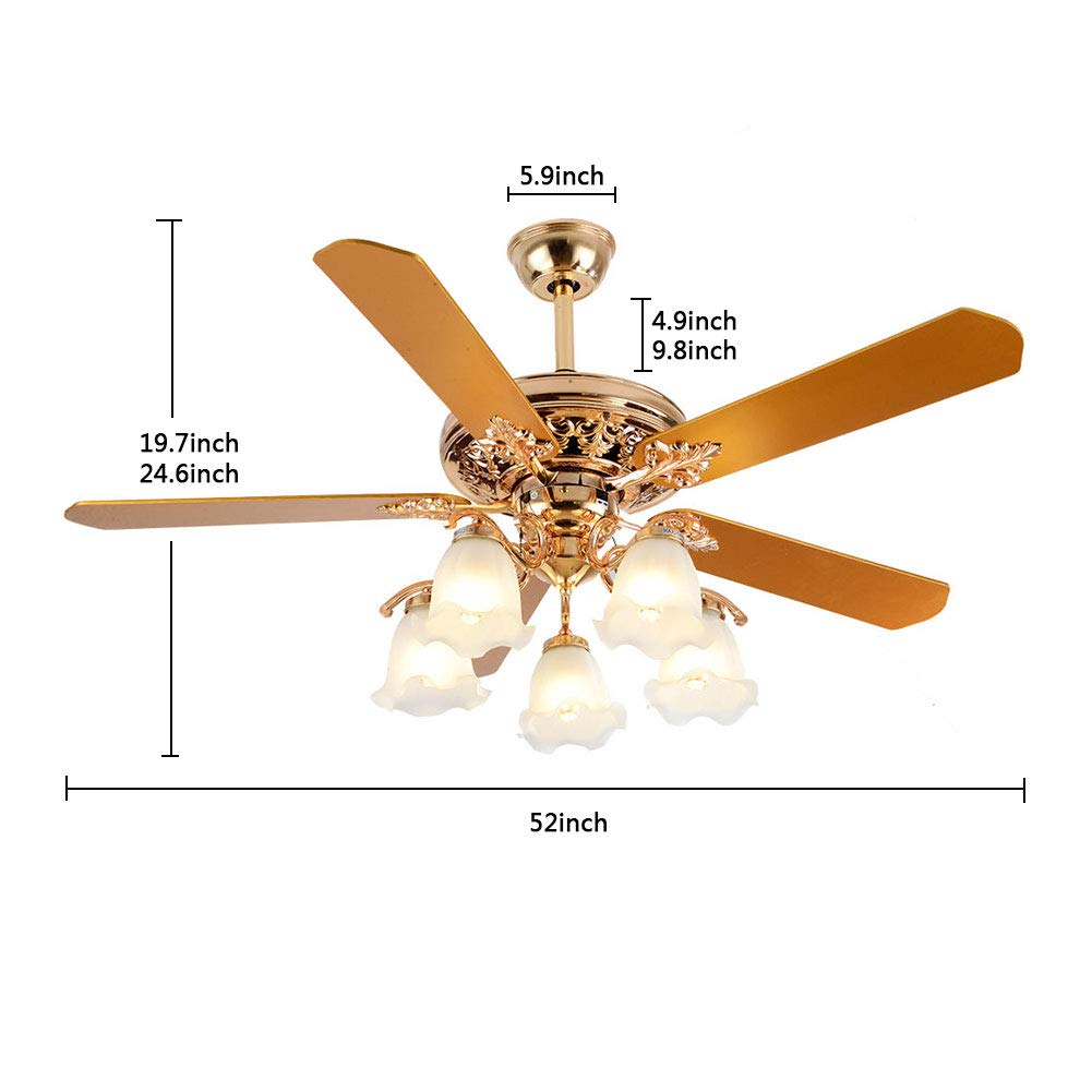 52 Inch Gold Ceiling Fan with LED Light and Remote Control,Creative Design Chandelier Fan Light with 5 Wood Reversible Blades 5 Frosted Glass Lampshades,Quiet Motor