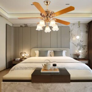 52 Inch Gold Ceiling Fan with LED Light and Remote Control,Creative Design Chandelier Fan Light with 5 Wood Reversible Blades 5 Frosted Glass Lampshades,Quiet Motor