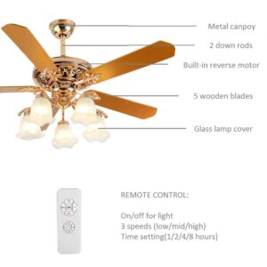 52 Inch Gold Ceiling Fan with LED Light and Remote Control,Creative Design Chandelier Fan Light with 5 Wood Reversible Blades 5 Frosted Glass Lampshades,Quiet Motor