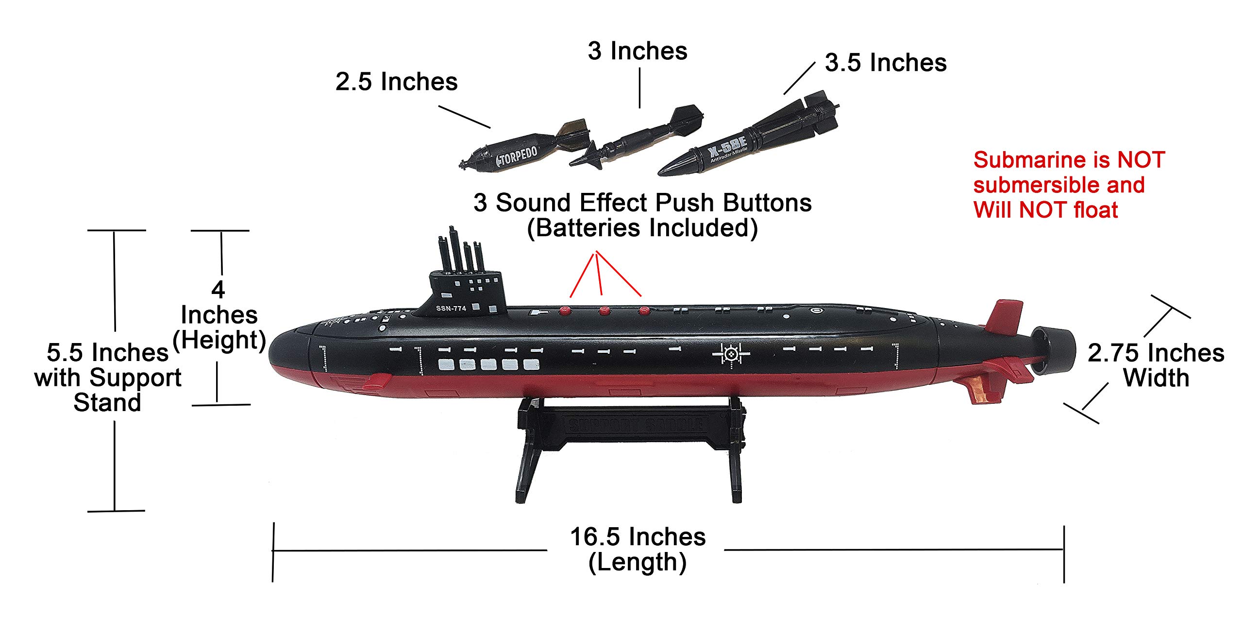 16.5 Inch Toy Navy Black Submarine with Sound Effects and Torpedo (2 Pack)