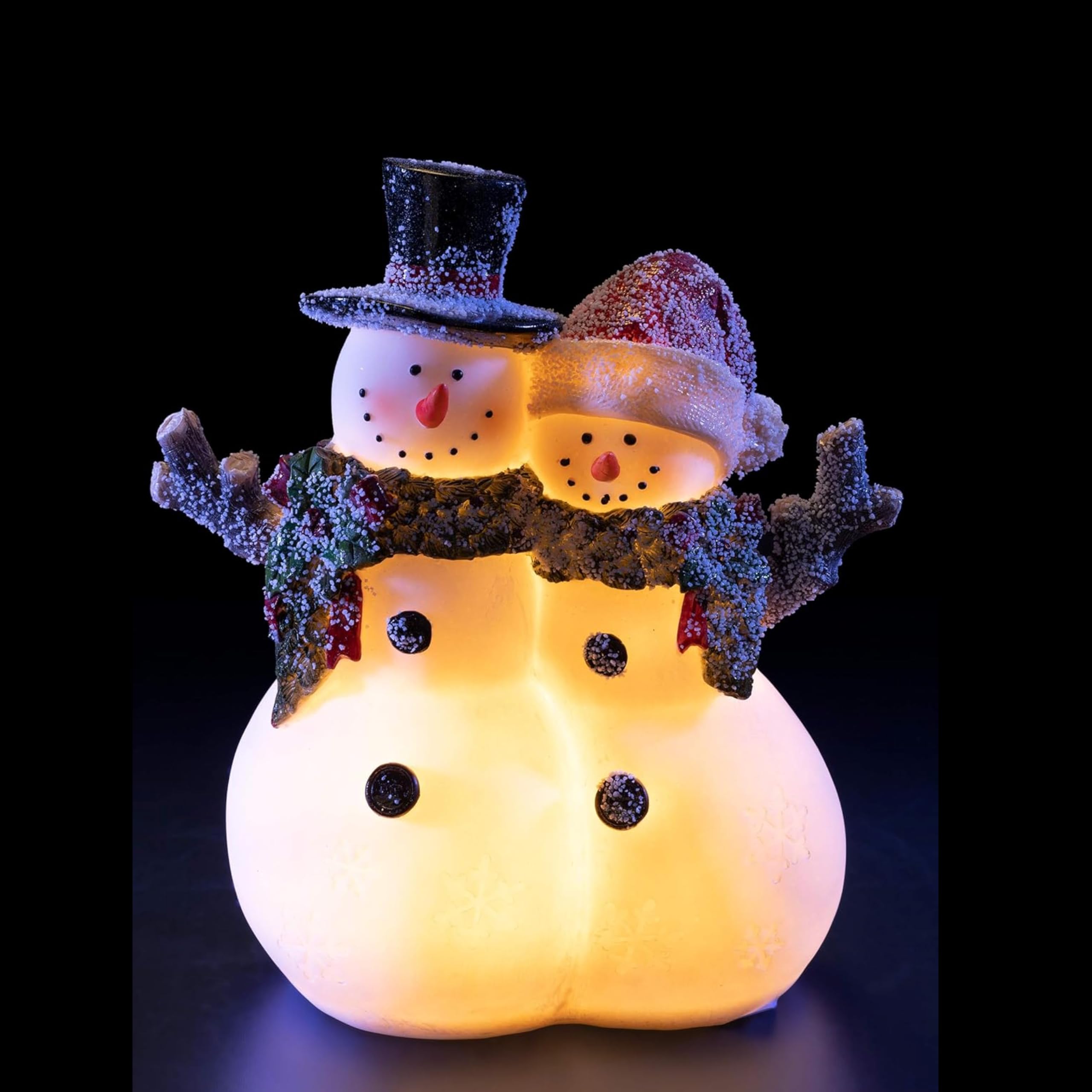 VP Home Christmas Snowman Decor Christmas Figurines Resin Snowman Lighted Decorations Indoor Glowing Snowman Couple LED Holiday Light Up Snowman Indoor Festive Fiber Optic Decorations