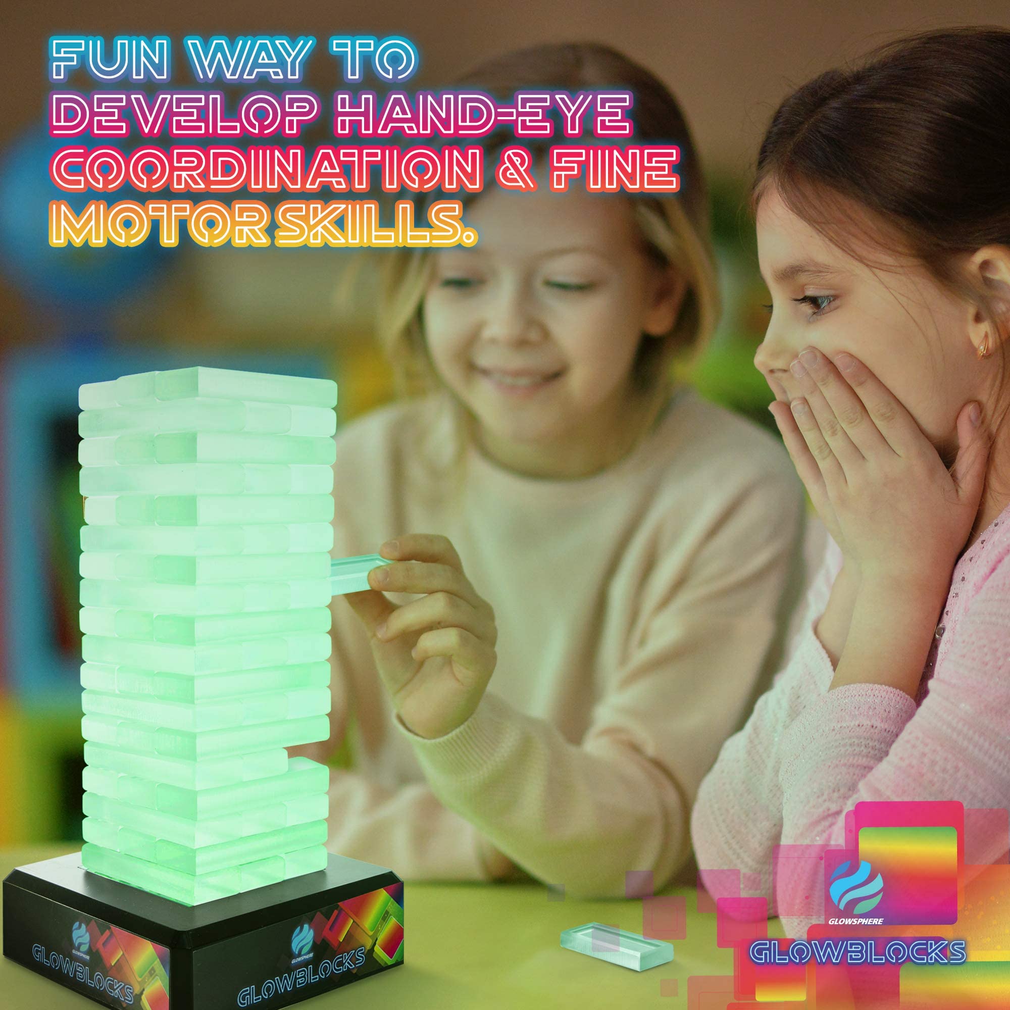 Glowblocks Light-Up Tumbling Tower Game, First Ever LED Building Blocks Stacking Game, Indoor Board Game for Kids and Adults for Family Game Night